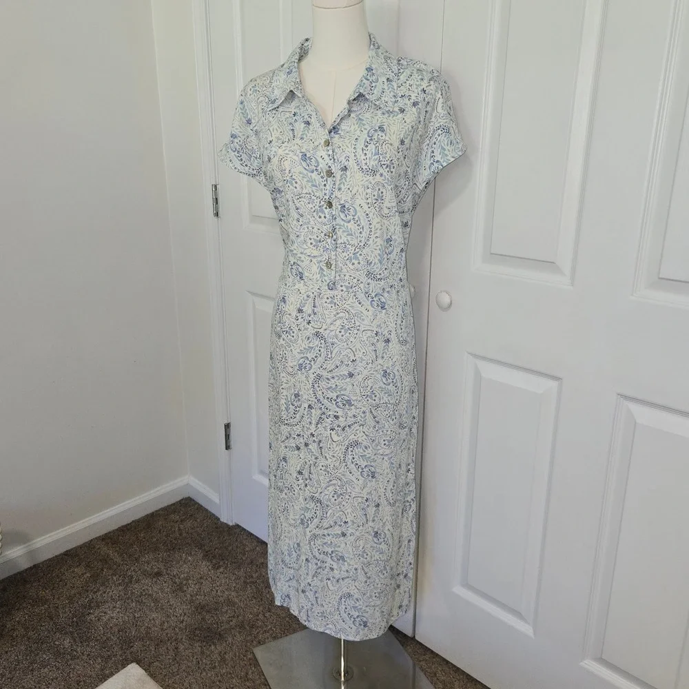 Lucky Brand Maxi Dress Womens 1X Blue Paisley Linen Blend Button Front Tie Waist - Picture 1 of 8